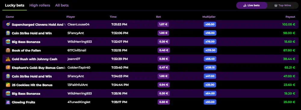 Spinmama live winners leaderboard and recent lucky bets display